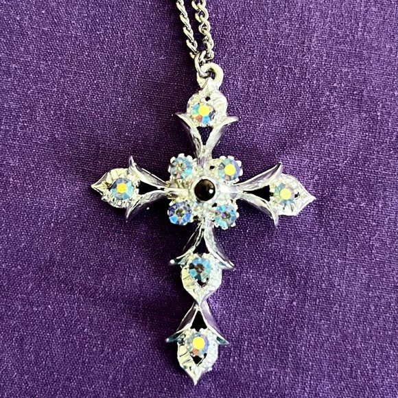 Silver-Tone Necklace w/Iridescent Crystal Cross - Picture 4 of 4